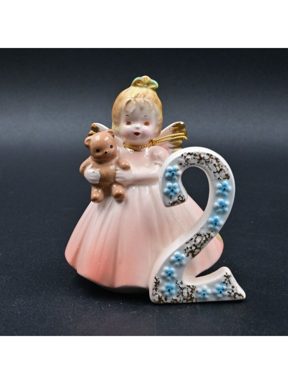 Josef Originals 2nd Birthday Girl Figurine Angel Holding Teddy Bear w/ Tag